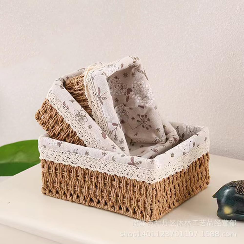 BEVKAF Seagrass Set of 3 Rectangular Storage Baskets (Pear Blossom Style)