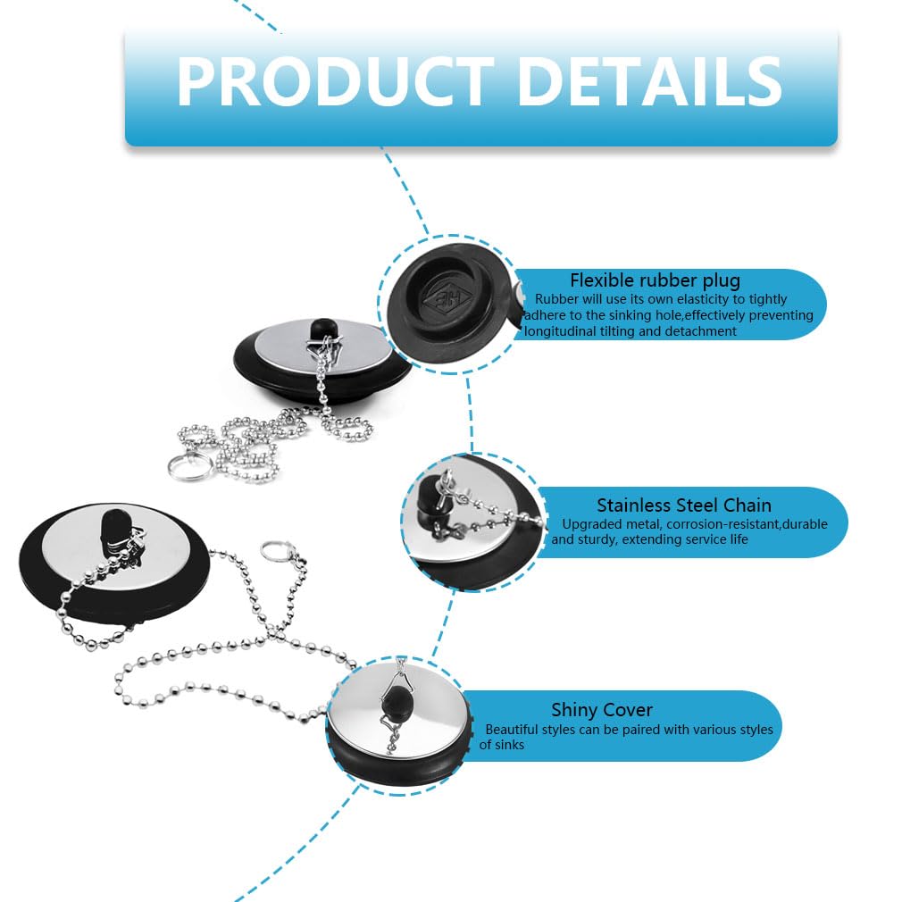Universal Bath Plug with Chain, Bath Plug Replacement, Bathroom Sink Plug Replacement, Drain Stopper for Bathroom and Kitchen, 42 mm to 45 mm