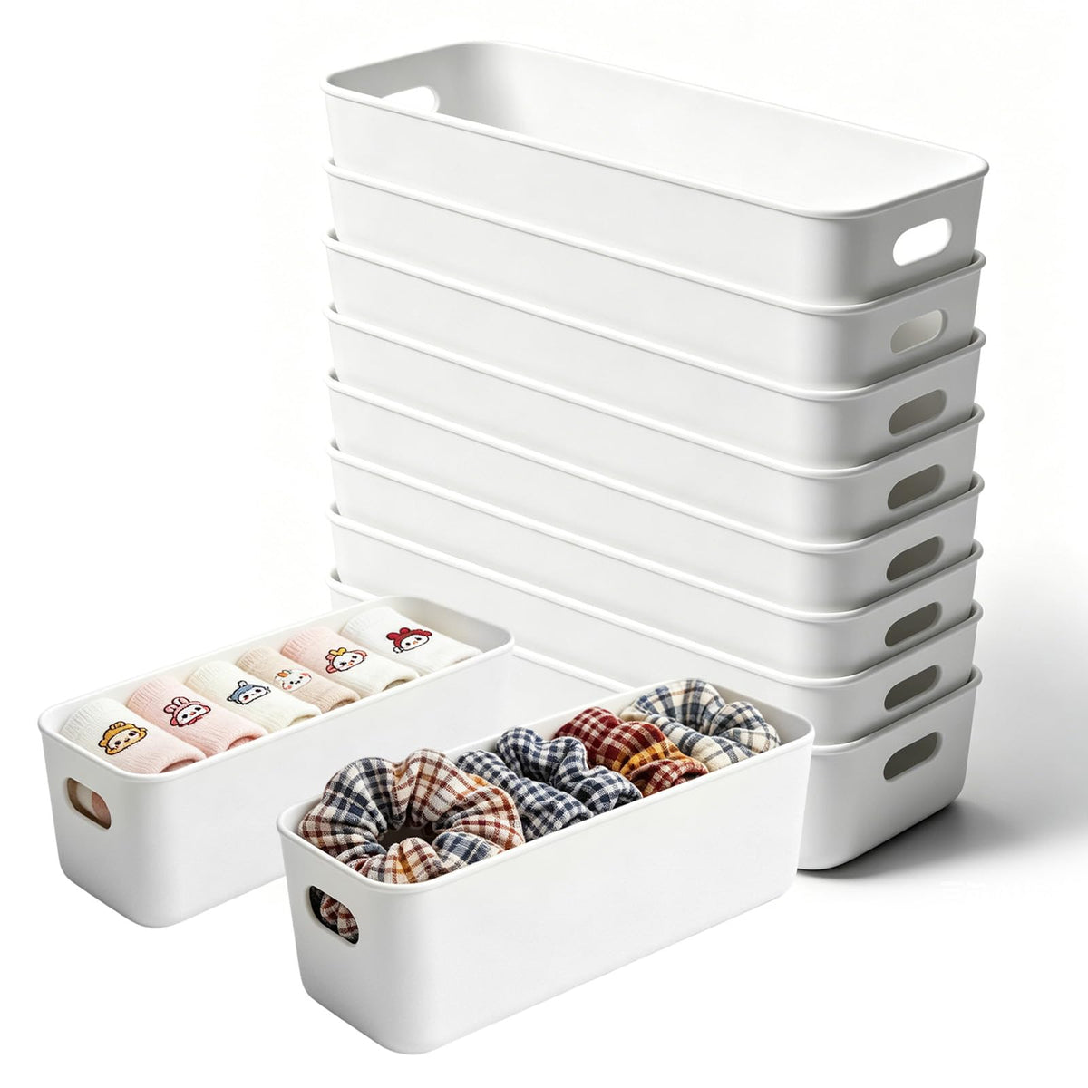 10 PCS White Narrow Plastic Storage, Rectangular Narrow Cupboard Organiser Boxes with Handles, Storage Containers for Kitchen, Home, Office, Bathroom