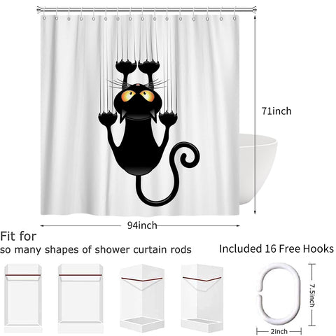 Hnmdmyi Funny Cat Shower Curtain 240x180, Black Kitten Scratching the Wall Bathroom Curtains Kids Cute Cartoon Animal Black and White Minimalism Art