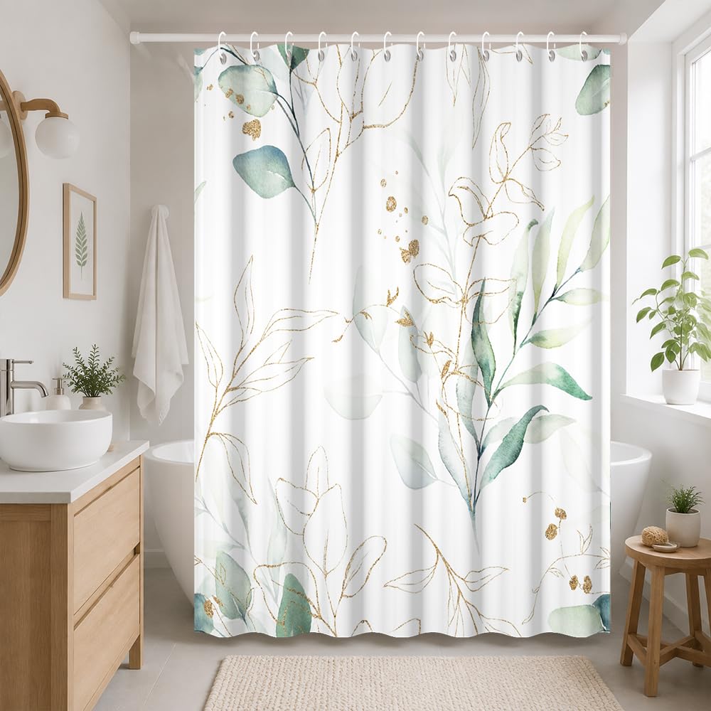 Uiiooazy Eucalyptus Shower Curtain, Sage Green Gold Leaves Pattern Bath Curtain Mildew and Mould Resistant Waterproof Polyester Fabric Washable