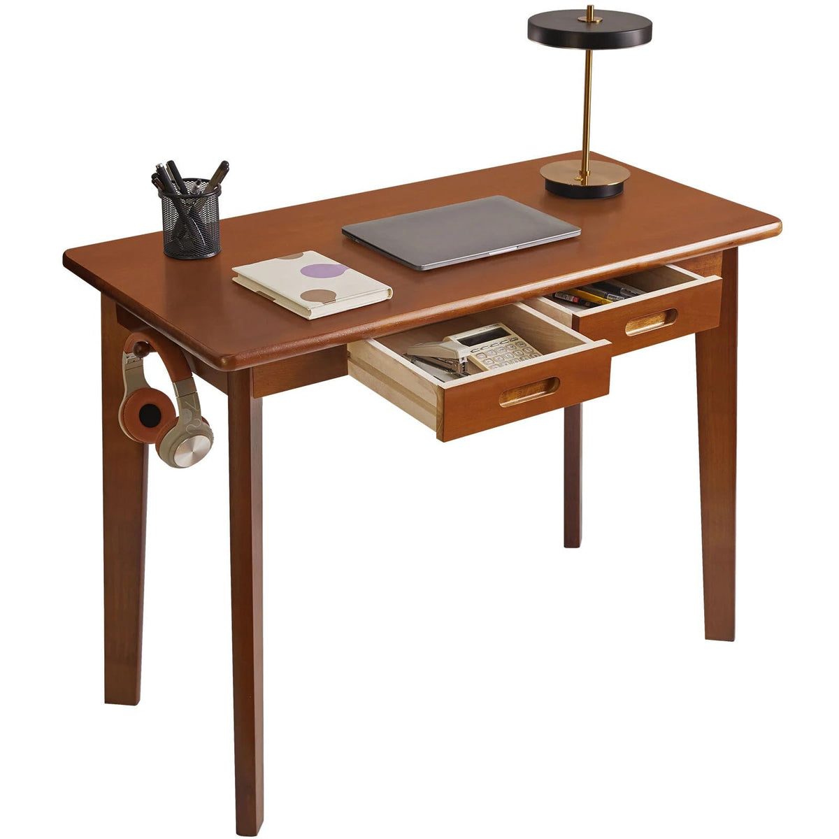 Aibiju Solid Wood Desk, Writing Desk, Small Office Table with drawers, 39x20x30inch Computer Desk with storage and Hanging Rod for Home Office