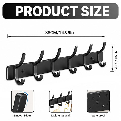 2 Pack Black Wall Mounted Coat Hooks, Heavy Duty Metal 6 Hooks Rust-Proof for Hanging Hats Clothes Jackets Towels Keys