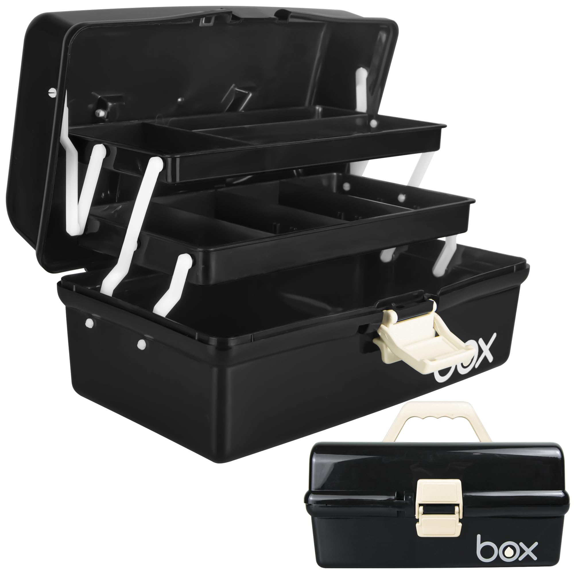 Creahaus 12in 3 Layer Multipurpose Storage Box/Craft Storage Boxes With Compartments/Plastic Black Tool Box/Medicine Storage Box/Hair Accessories