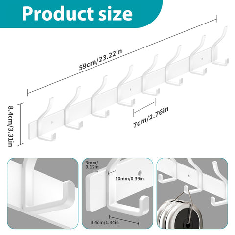 MEIJO Coat Hooks Wall Mounted Stainless Steel, White Coat Rack Wall Mounted with 8 Hooks Heavy Duty Coat Hooks for Door, Bathroom, Bedroom, Kitchen