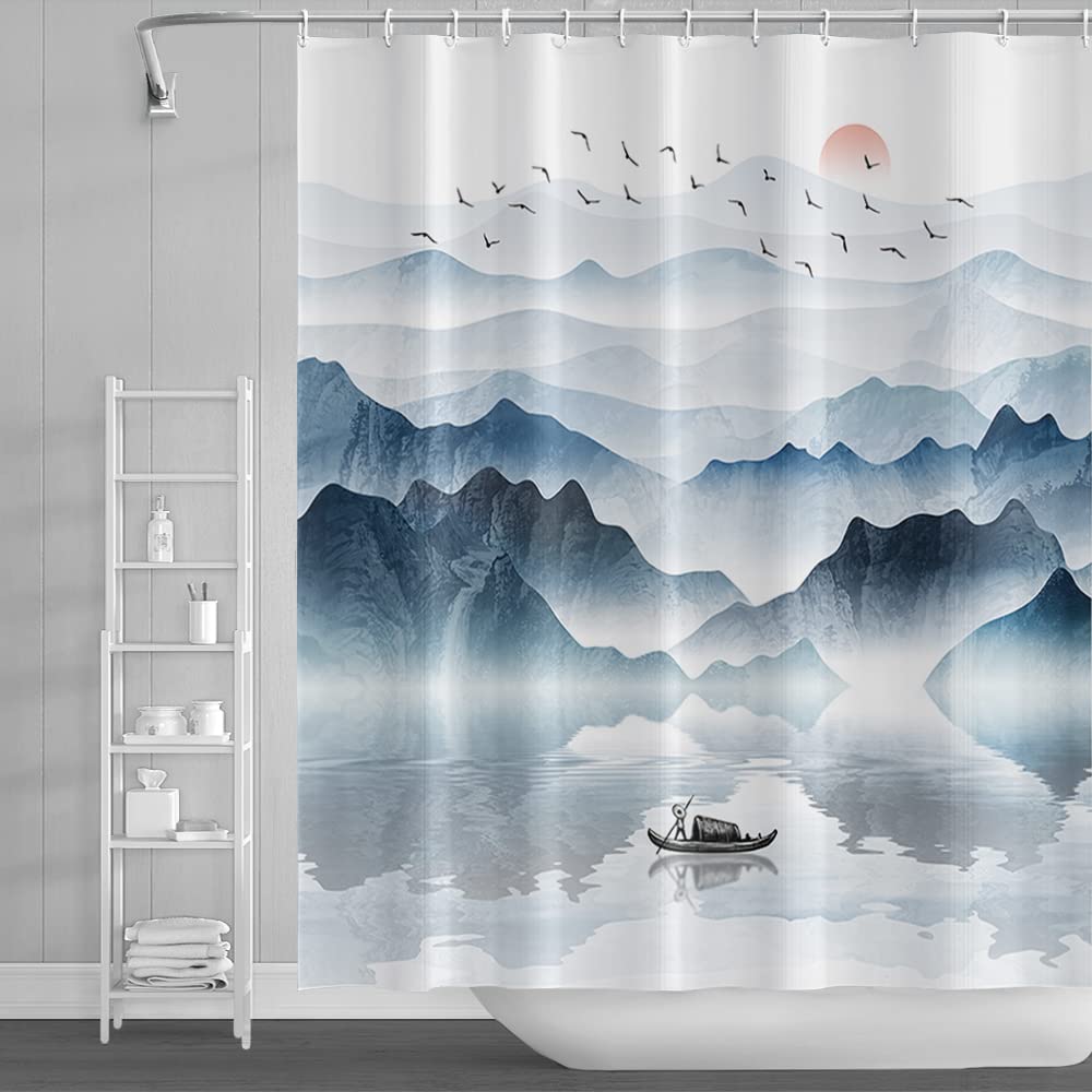 SDOTPMT 48x72 Inch Mountain Landscape Shower Curtain Lake Wooden Boat Red Sun Wild Goose Nature Scenery Foggy Modern Oil Painting Bath Curtain Fabric