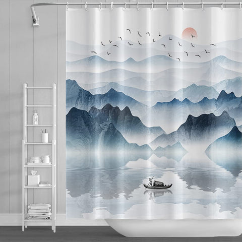 SDOTPMT 48x72 Inch Mountain Landscape Shower Curtain Lake Wooden Boat Red Sun Wild Goose Nature Scenery Foggy Modern Oil Painting Bath Curtain Fabric