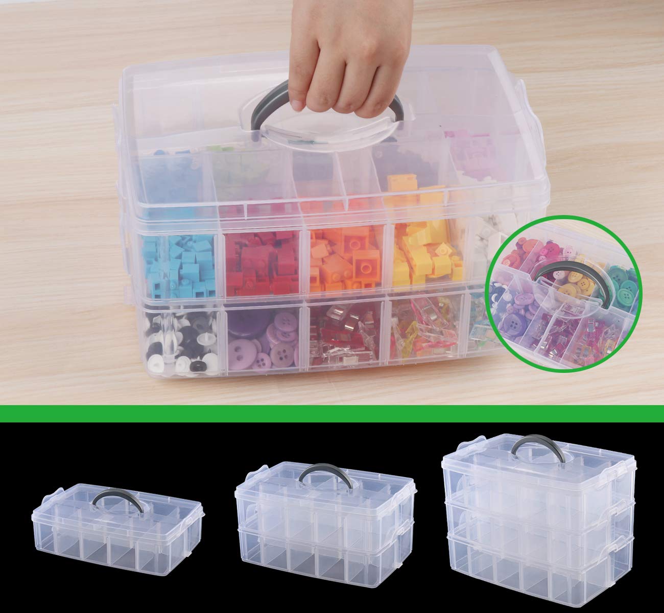 Anstore Craft Storage Box with Removable Compartments, 3-Tier 30 Sections Transparent Stackable Box Organiser with Lid