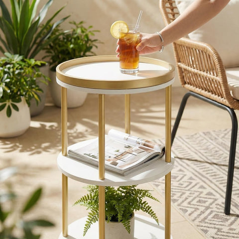 Small Round Side Table, Gold Round End Table with White Shelves, 3-Tier Modern Nightstand for Bedroom & Living Room