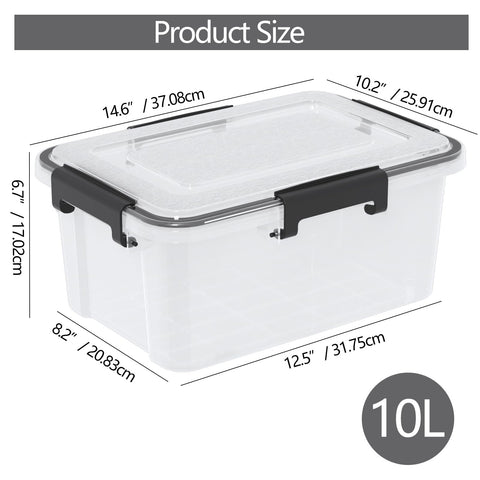Parlynies 10 L Airtight Clear Plastic Storage Box, Stackable Storage Bin with Seal Lid, 2 Packs