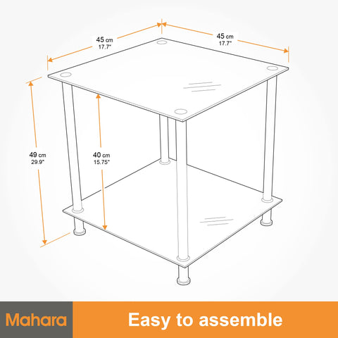 mahara Black Glass Side Table - Coffee Table - End Table - with glass shelf - Square, 45cm x 45cm, for Living Rooms, Lounges, Studies
