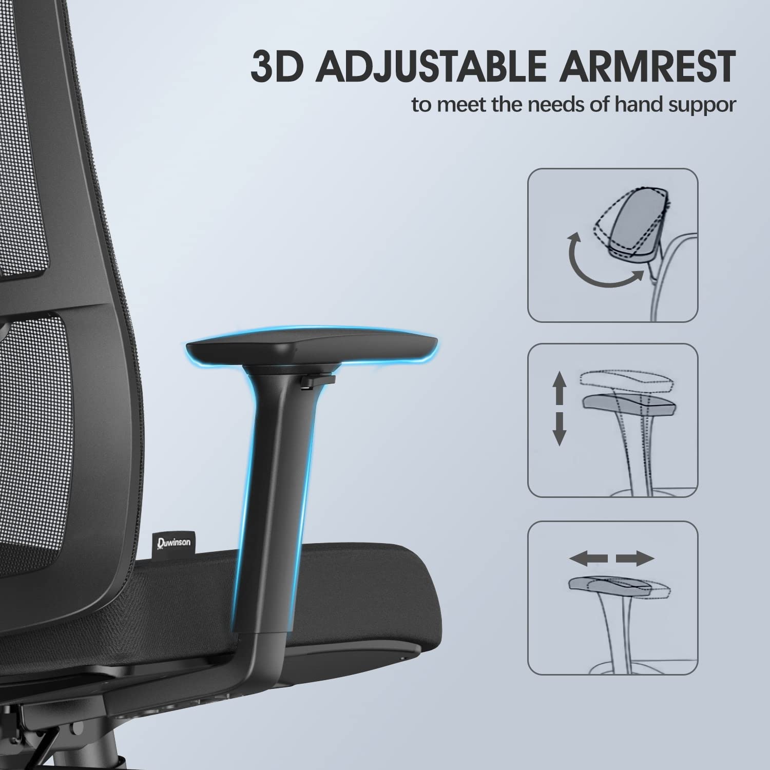 Duwinson Ergonomic Mesh Home Office Chair With Back Support, 3-Way Adjustment Armrest, Executive Desk Chair with Reclining Adjustment