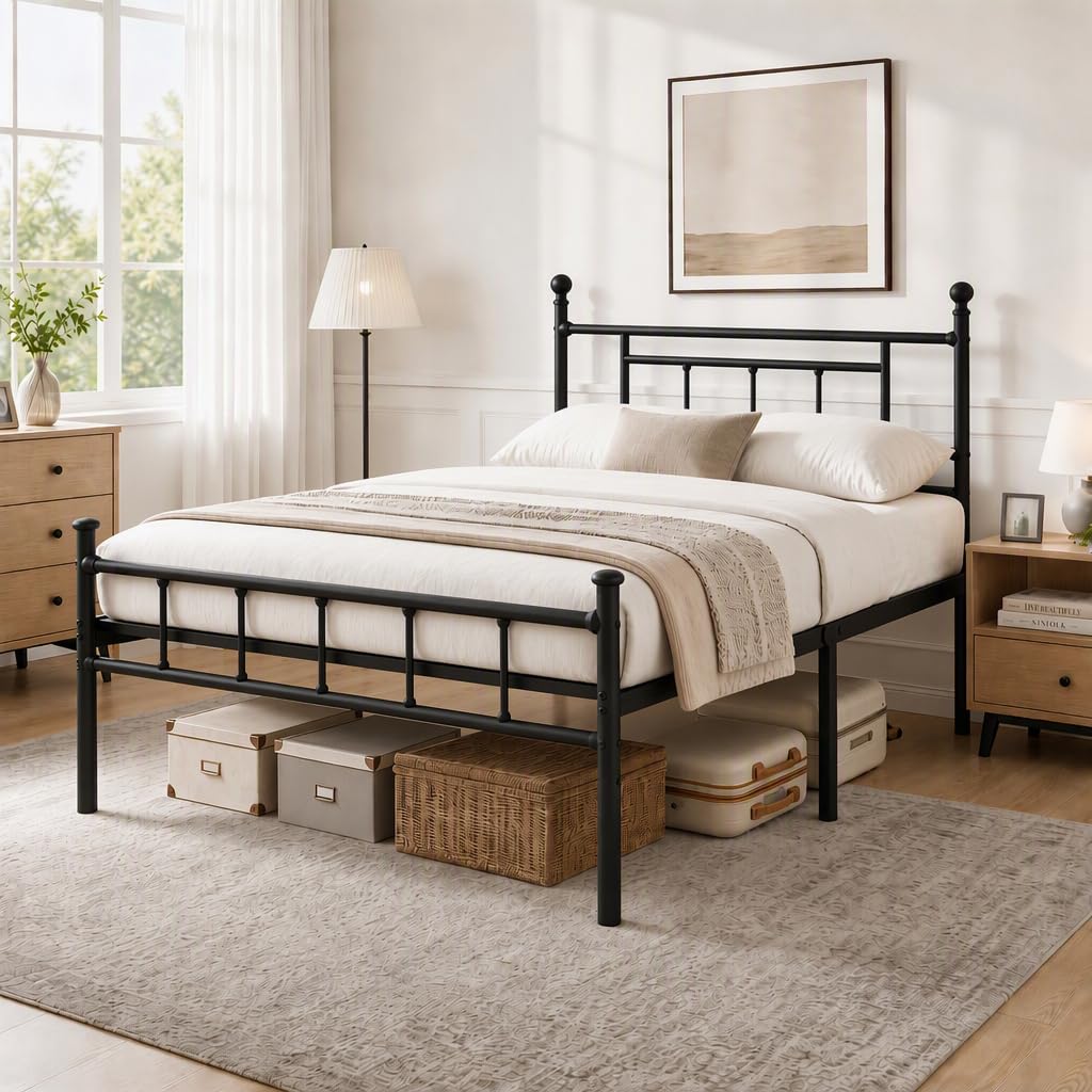APEXTELLA HOME Bed Frame Double Bed Modern Style with Headboard and Footboard Black Metal Slat Support and 42cm Underbed Storage Space Easy Assembly
