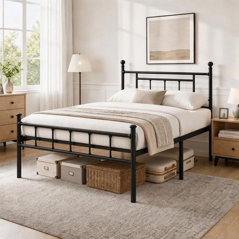 APEXTELLA HOME Bed Frame Double Bed Modern Style with Headboard and Footboard Black Metal Slat Support and 42cm Underbed Storage Space Easy Assembly