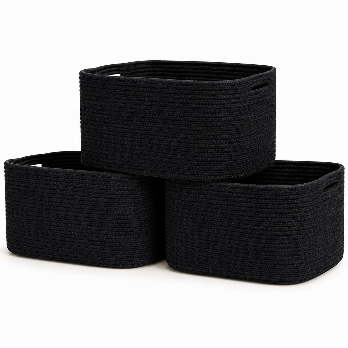 OrganiHaus Pack of 3 Black Bathroom Storage Baskets, Woven Basket for Storage, Toilet Roll Basket, Cotton Rope Basket for Towel Storage