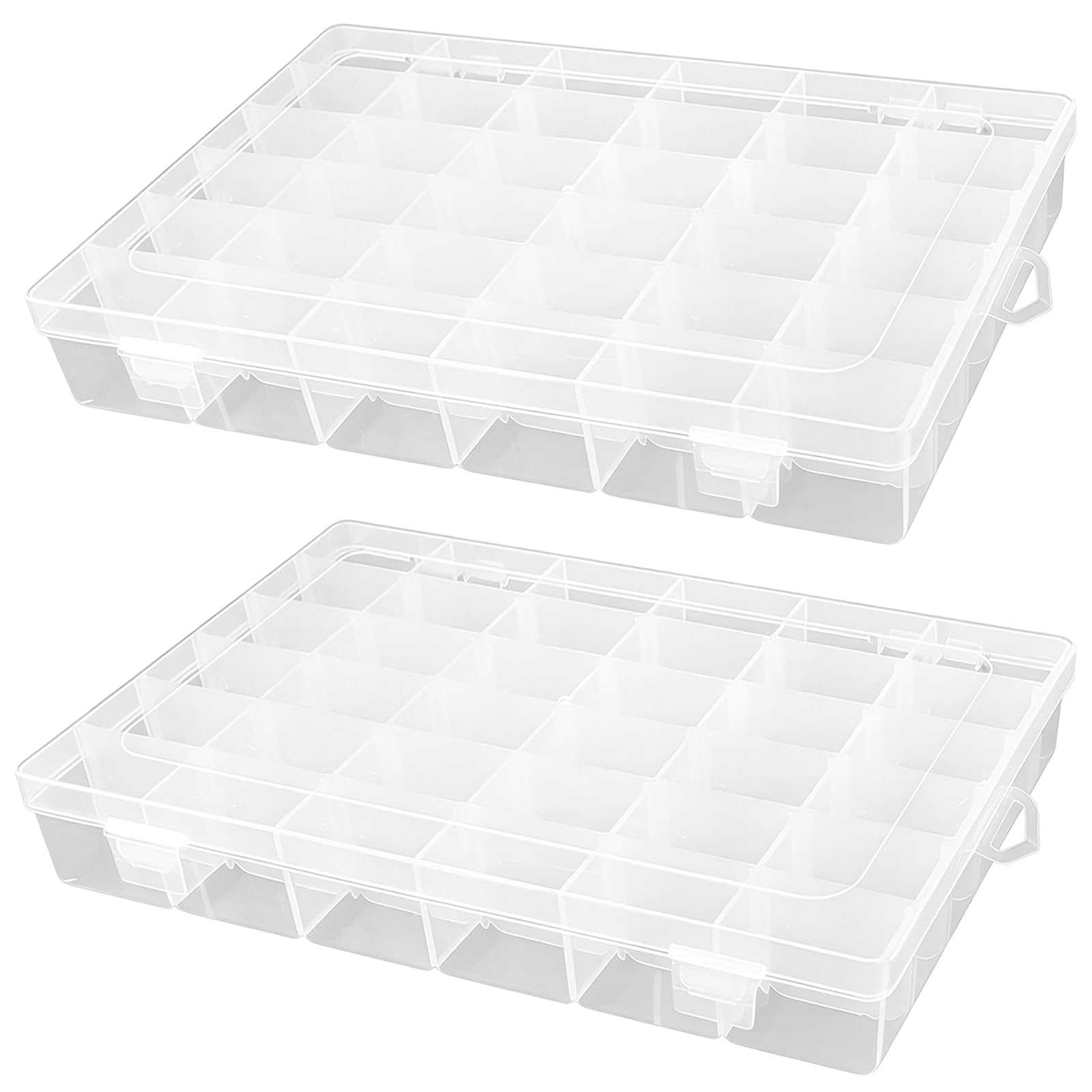 2 Pcs 36 Grid Plastic Craft Storage Box with Removable Adjustable Dividers, Transparent Organizer Container with Secure Buckle Lids