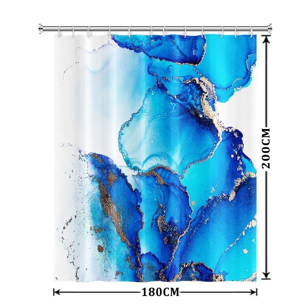 Xiaoterna Marble Shower Curtain Modern Luxury Blue Gradient Marble Waterproof Bathroom Curtain Abstract Art Gilding Wave Textured Washable Mildew