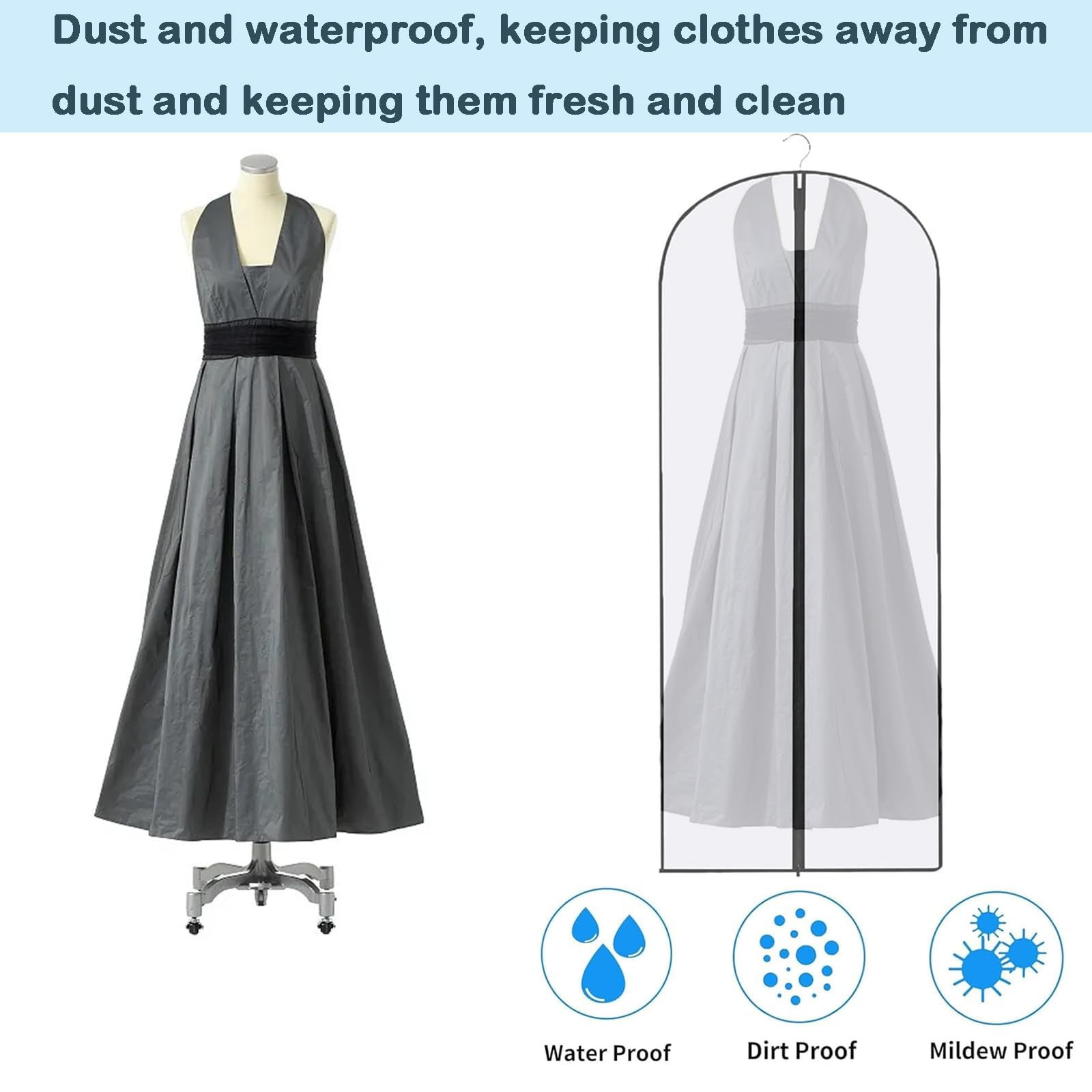 2PCS Dress Bags Covers Long Garment Covers Bag Dress Bag Long Dress Bags Covers Translucent with Zip Waterproof Dustproof Dress Covers Garment Bags