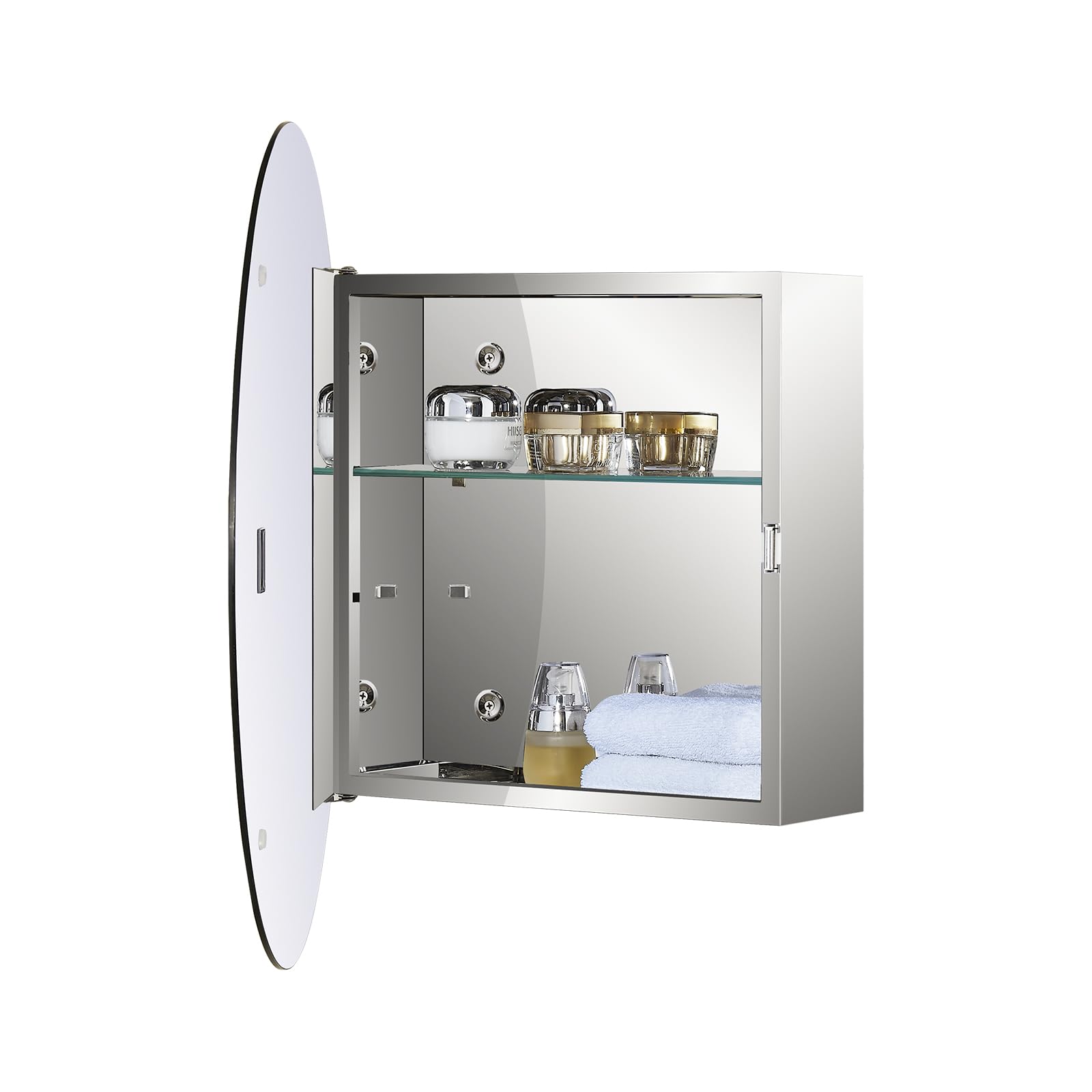 Fundin Mirror Cabinet with Stainless Steel Frame, Round Mirrored Door, Adjustable Glass Shelves, Surface Mounted, 50cm x 50cm, Mirrored Finish