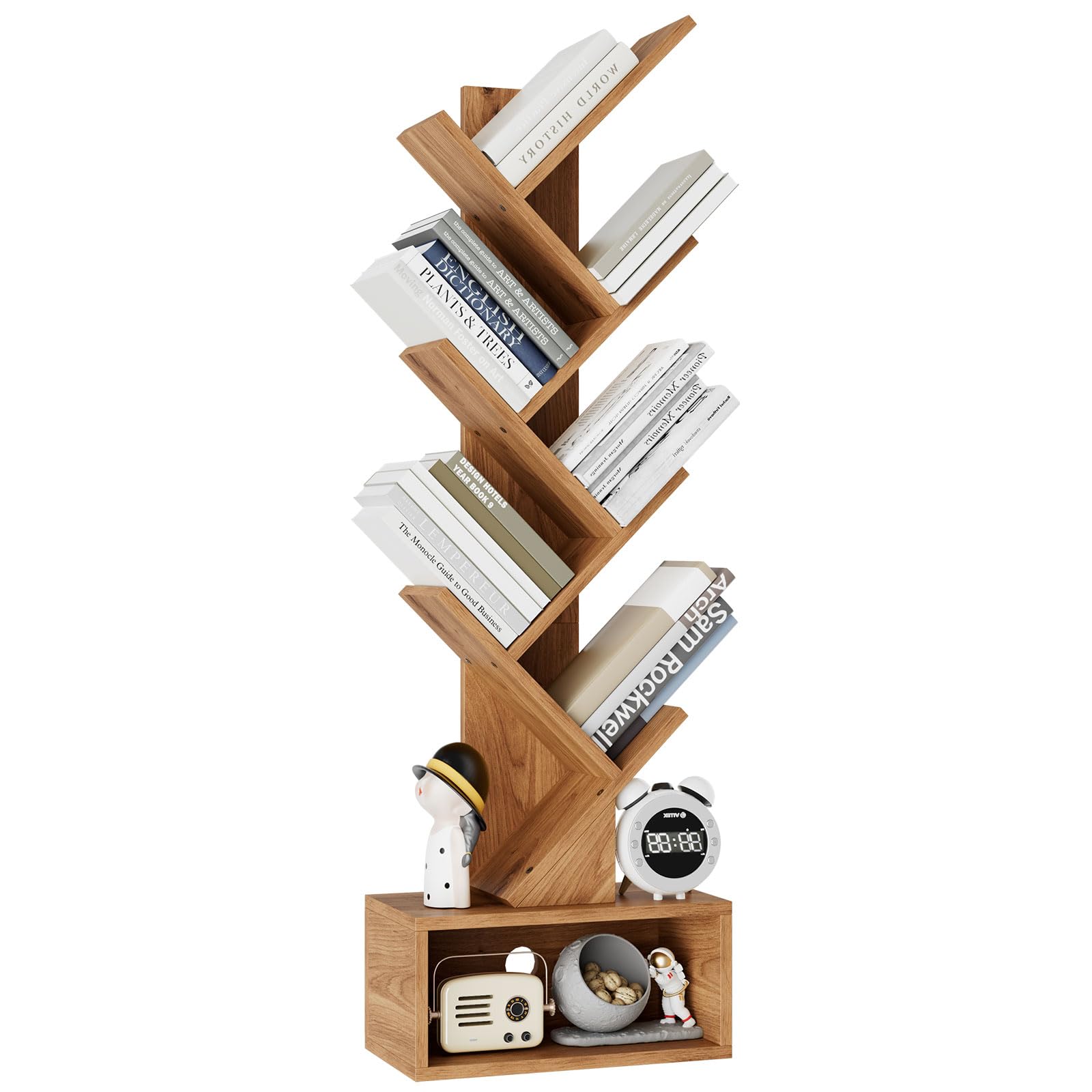 YMYNY 6 Tier Tree Bookshelf, Tall Bookcase, Wood Book Storage Rack with Drawer, Modern Floor Standing Book Shelf for Books/Movies/CDs