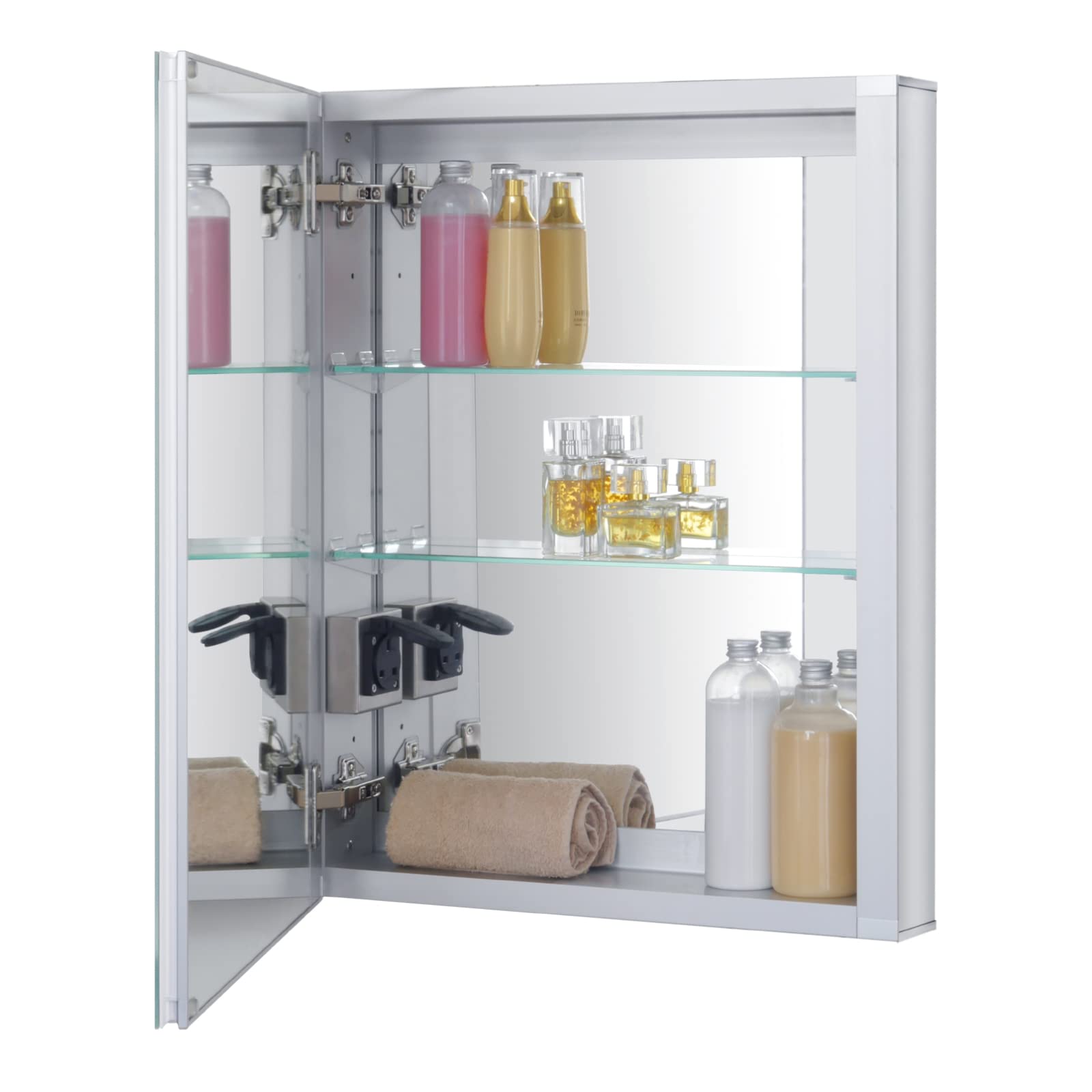Fundin LED Illuminated Bathroom Mirror Cabinet with Defogger, Dimmer and Socket, Recessed or Surface Mount, Aluminum material, 51W x 65H cm