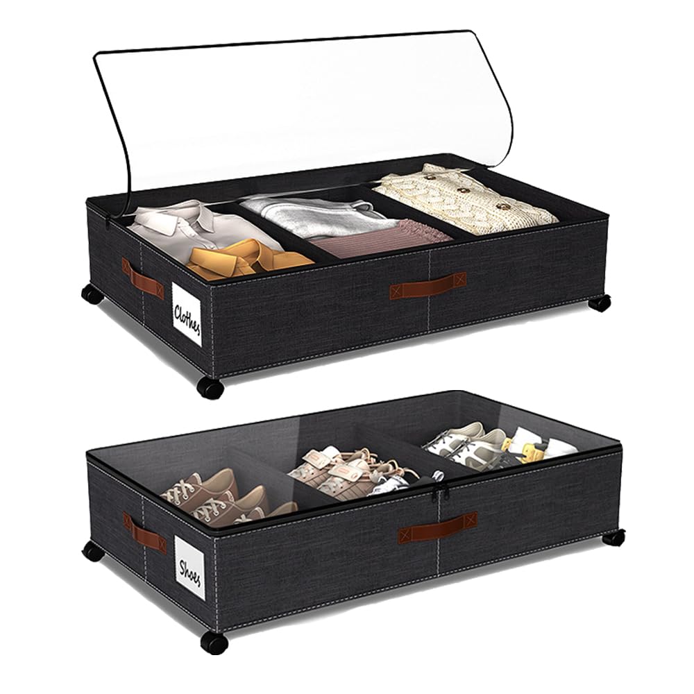 ETOFIXEE Pack of 2 Underbed Storage Boxes with Wheels, 360° Rotation and Viewing Window Lid, Metal Frame, Underbed Storage Bag, Clothes Storage