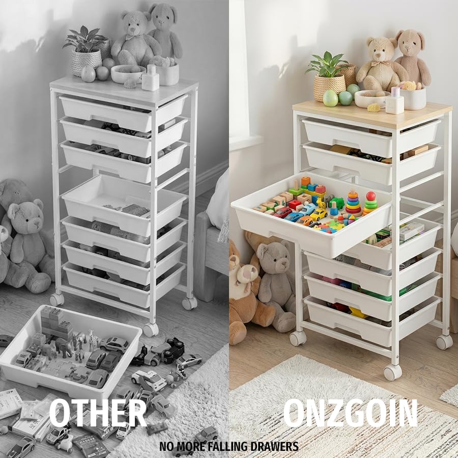 8 Drawer Rolling Storage Trolley with Wooden Worktop, Plastic Drawer Organiser Cart on Wheels with Lockable Silent Castors & Anti-Fall Latch