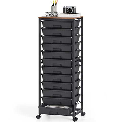 SYKIARIOL 12-Drawer Storage Trolley Rolling Cart with Wooden Top, Black