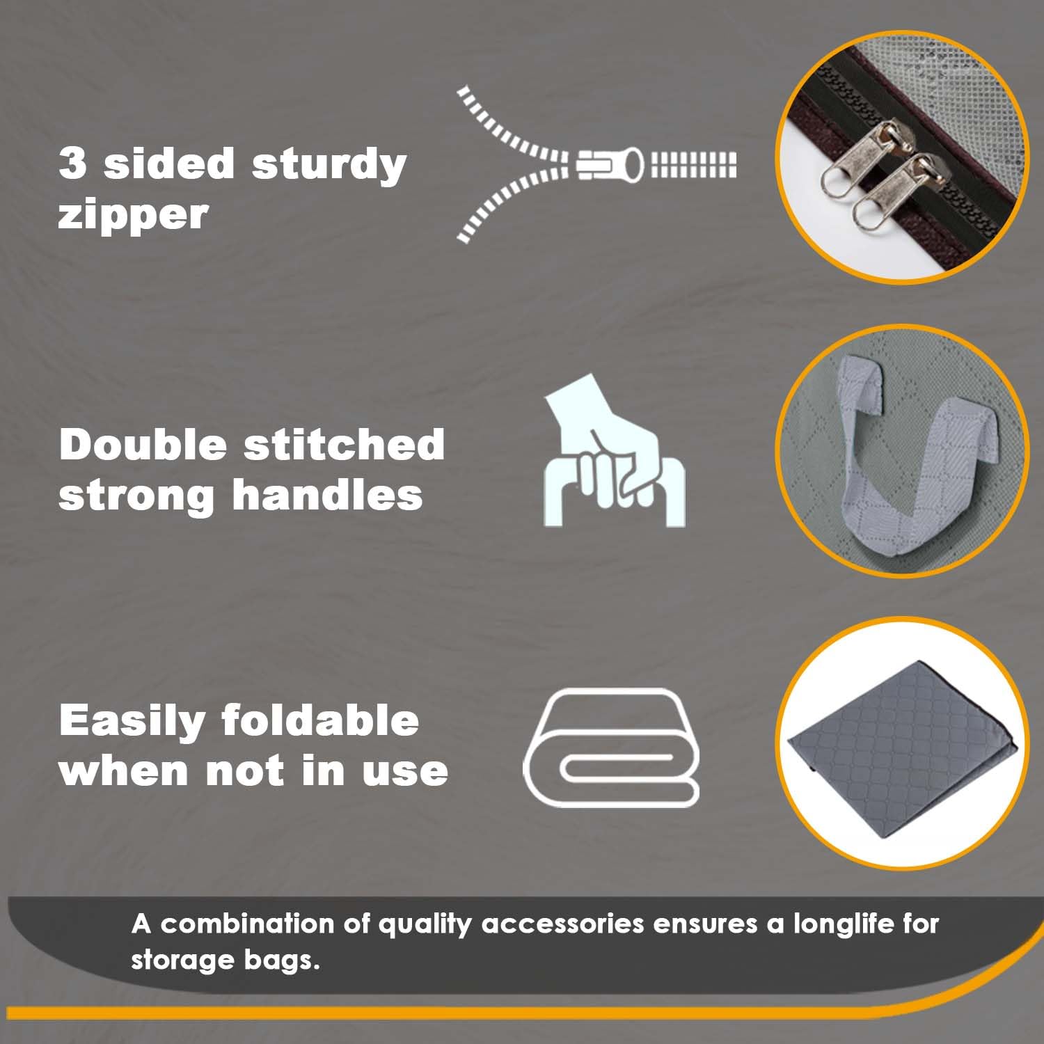 KURNI Storage Bags | Clothes Organizer Boxes, Foldable 3 Pack Grey, 90L Capacity, 3 Sided Zipper Moving Large Bag. Dust & Moisture Proof