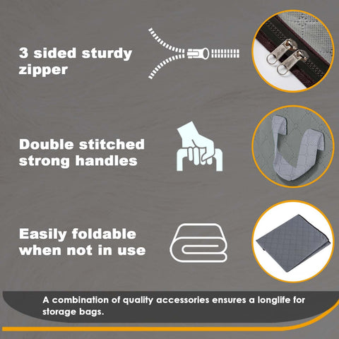 KURNI Storage Bags | Clothes Organizer Boxes, Foldable 3 Pack Grey, 90L Capacity, 3 Sided Zipper Moving Large Bag. Dust & Moisture Proof