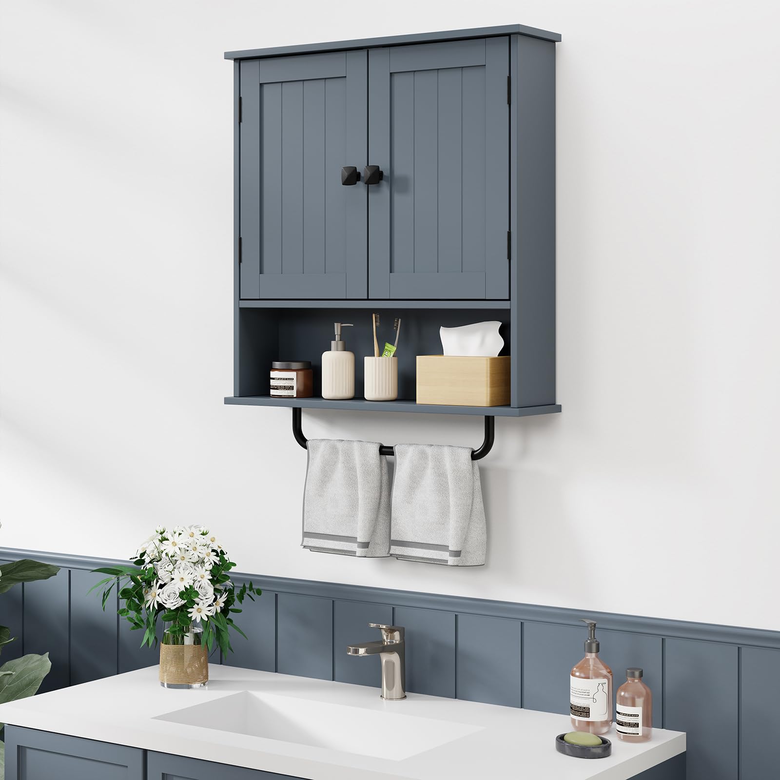 RRX Bathroom Cabinet Wall Mounted Medicine Cabinets with Towels Bar (Gray)