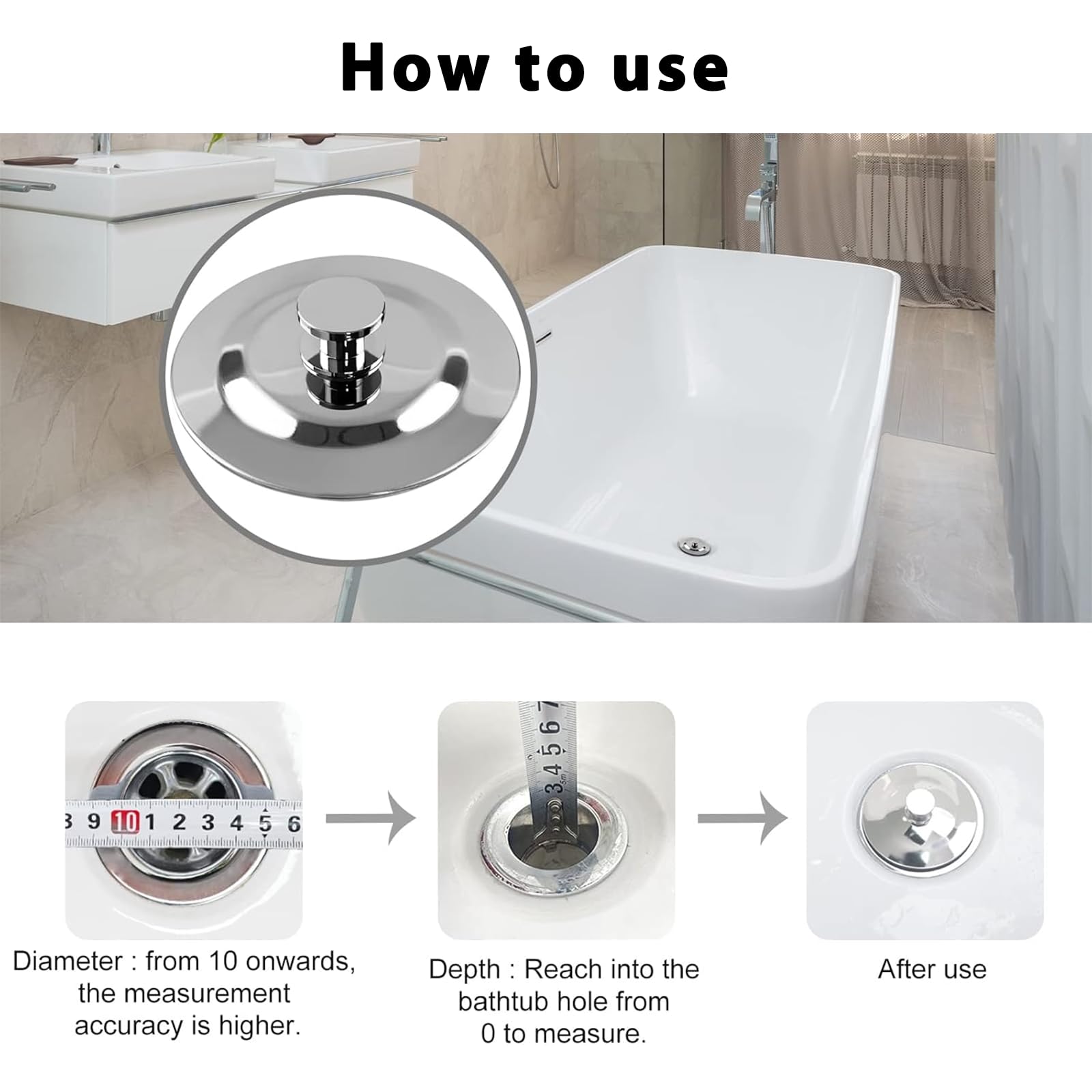 Bath Plug, Universal Bath Plug, 40-45mm, Stainless Steel Sink Stopper, Silicone Drain Plug Replacement For Kitchen, Laundry, RV And Bathroom Sinks