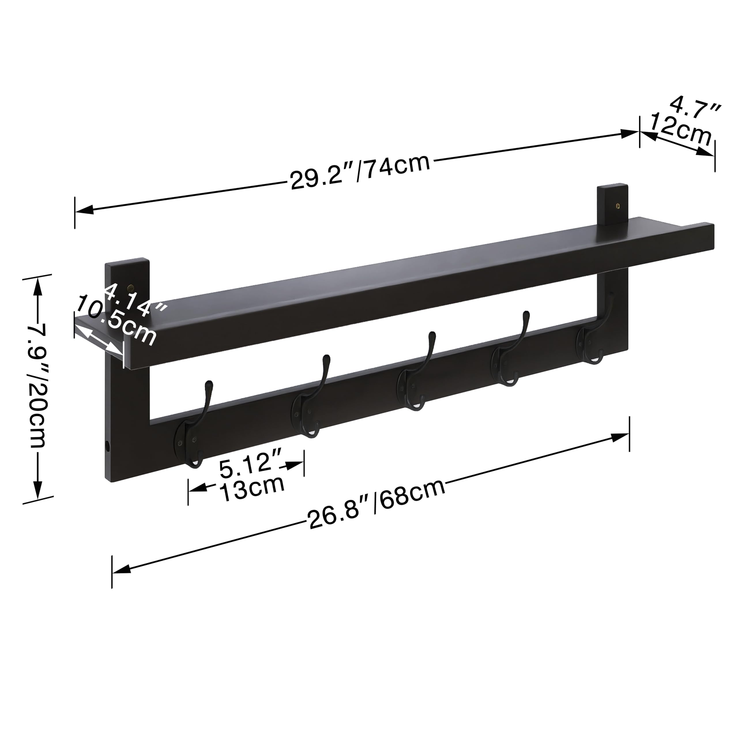 SMIBUY Coat Hooks with Shelf Wall-Mounted, 74 cm Entryway Coat Rack for Wall, Bamboo Hanging Shelf with 5 Double Metal Hooks for Bathroom, Bedroom