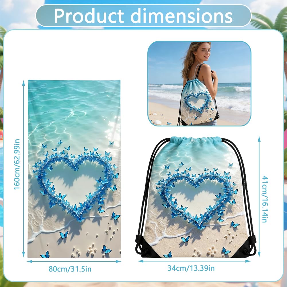 ZPSOSPZ Summer Holiday Beach Towel with Drawstring Bag, Sand Free Quick Dry Lightweight 160×80 Cm Butterfly Bath Towel for Women Girls,Gym Storage
