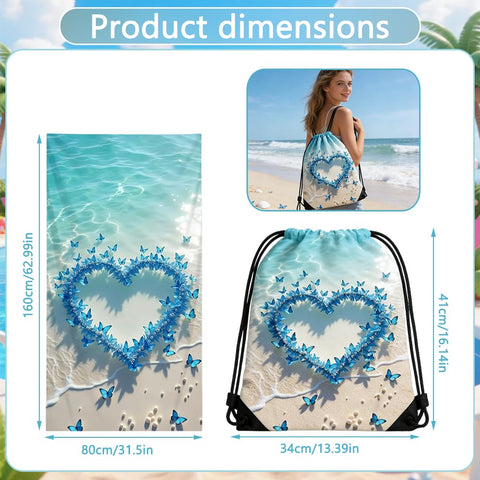 ZPSOSPZ Summer Holiday Beach Towel with Drawstring Bag, Sand Free Quick Dry Lightweight 160×80 Cm Butterfly Bath Towel for Women Girls,Gym Storage