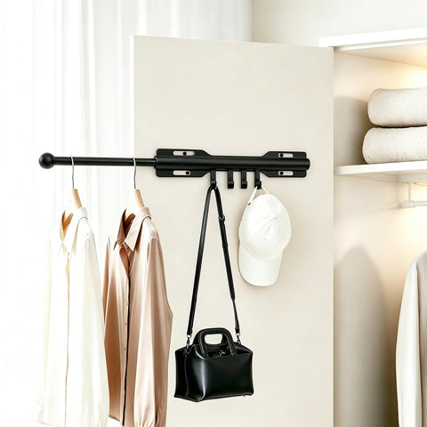 Pull out Clothes Rail, Adjustable Clothes Rail Pole with 4 Hooks, Heavy Duty Stainless Steel Extendable Wardrobe Rail for Closet, Laundry Room
