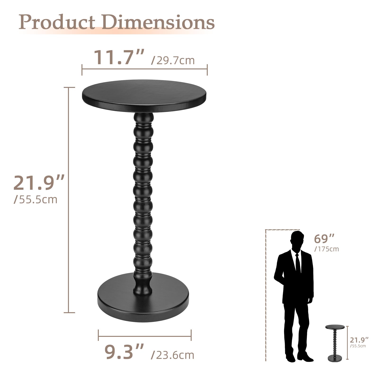 Junistra Round Drink Table, Small Pine Wood Beaded Pedestal Side Table for Sofa, Living Room, Bedroom and Small Spaces, Black