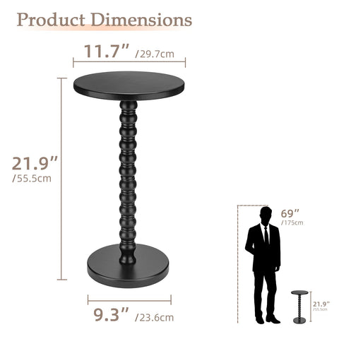 Junistra Round Drink Table, Small Pine Wood Beaded Pedestal Side Table for Sofa, Living Room, Bedroom and Small Spaces, Black