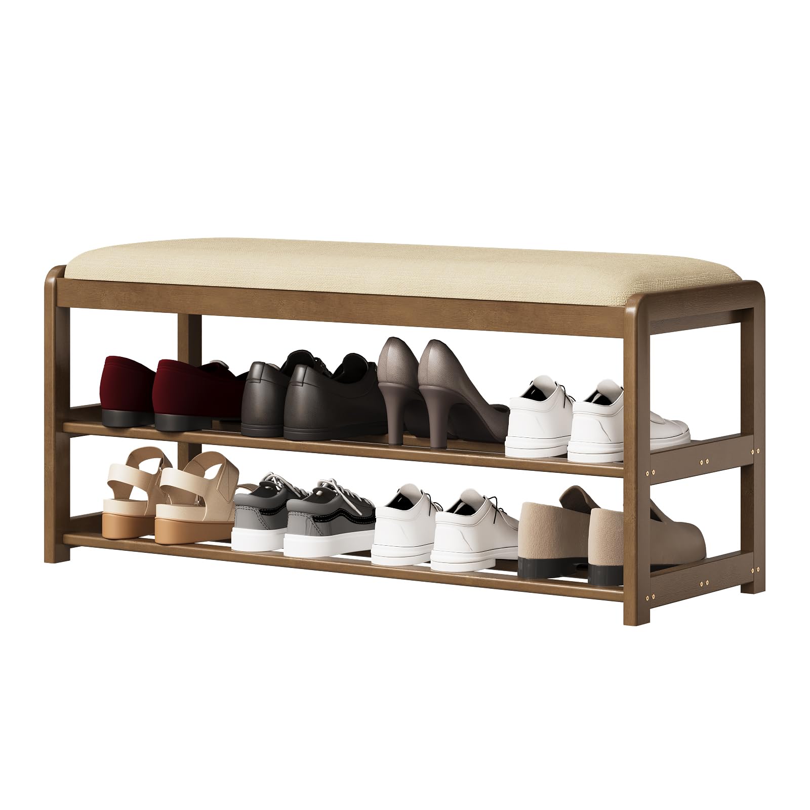 Welfuturer 2-Tier Bamboo Shoe Bench with Cushion & Hidden Drawer Entryway Shoe Rack Organiser for Hallway