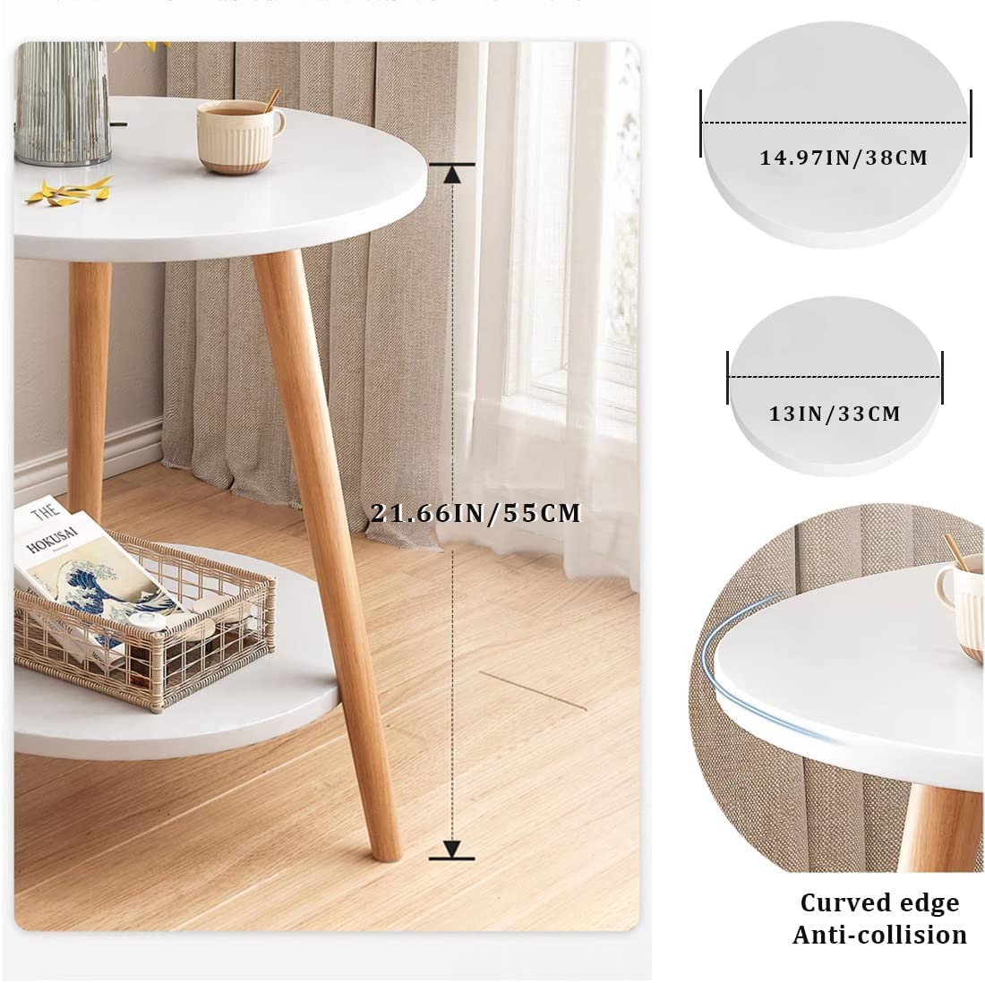 KZOBYD Round Side Table, 2 Tier End Tables With Round Wooden Top, 38 x 55cm