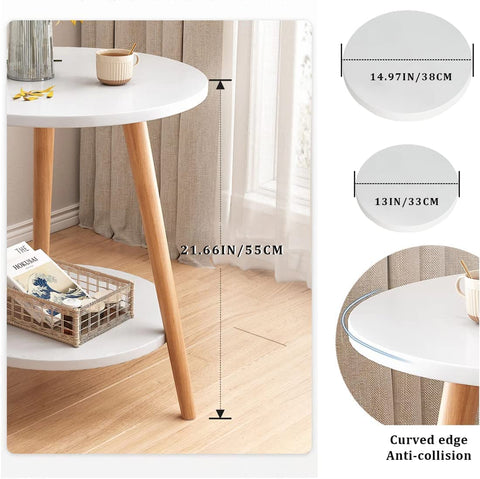 KZOBYD Round Side Table, 2 Tier End Tables With Round Wooden Top, 38 x 55cm