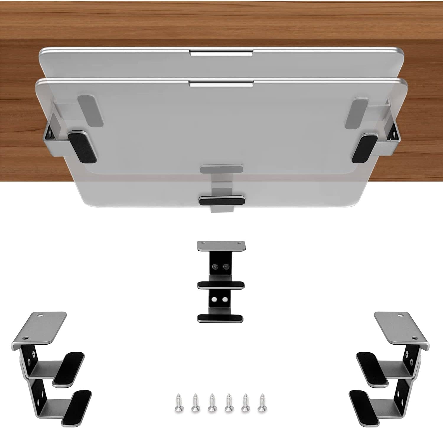 JEMACHE Under Desk Dual Decker Laptop Mount, Hard Aluminum Under Table Desk 2 Tier Holder for Laptop, Mac Mini, MacBook