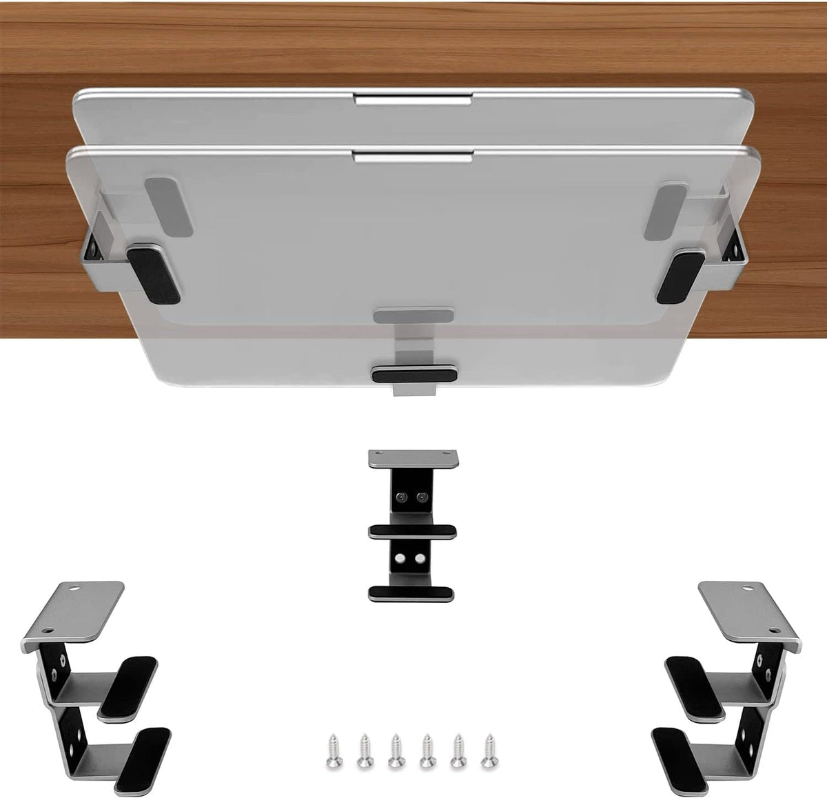 JEMACHE Under Desk Dual Decker Laptop Mount, Hard Aluminum Under Table Desk 2 Tier Holder for Laptop, Mac Mini, MacBook