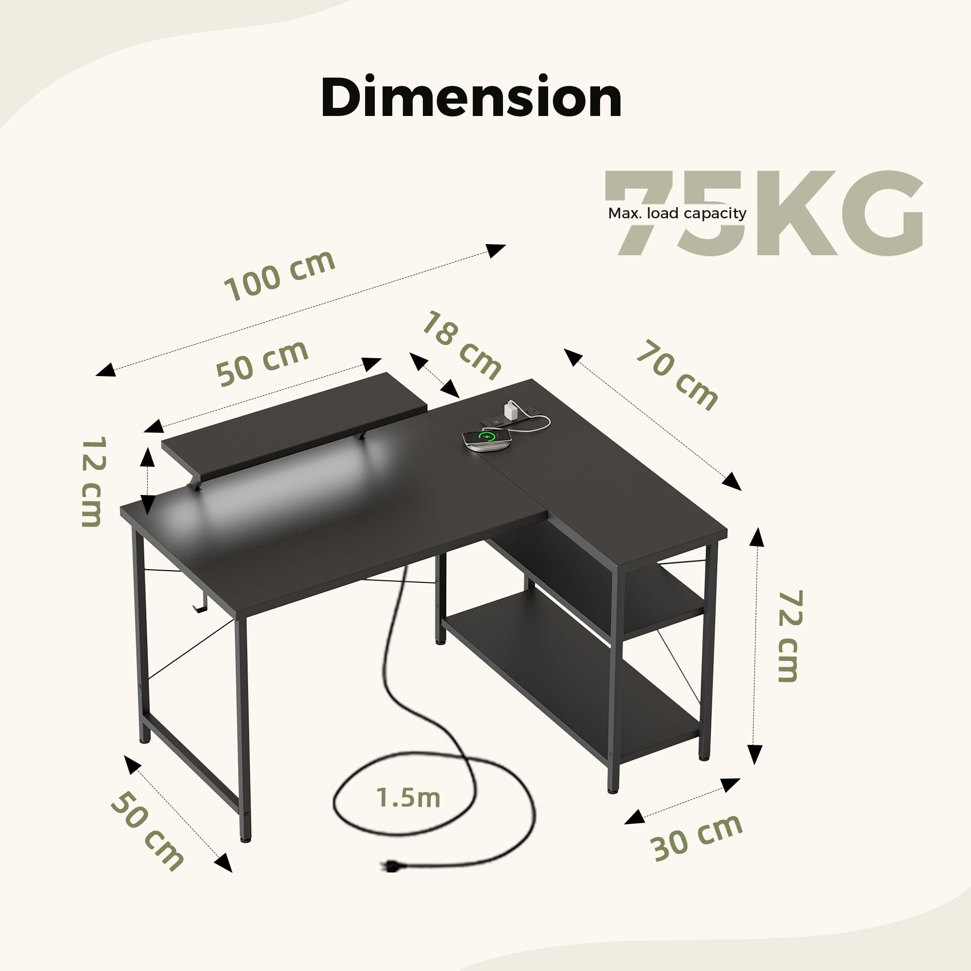 Mericonia Reversible Corner Desk, w. Led & Power Outlets, 100x70cm, Black