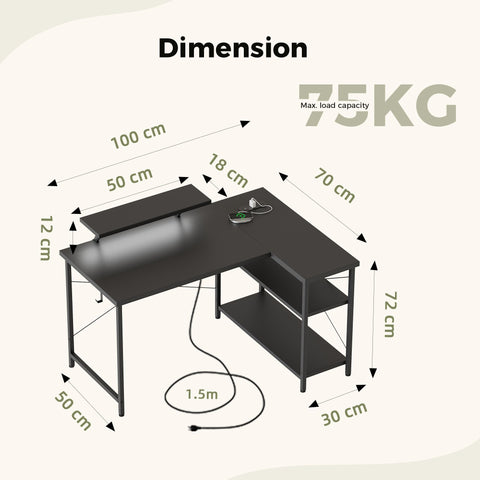 Mericonia Reversible Corner Desk, w. Led & Power Outlets, 100x70cm, Black