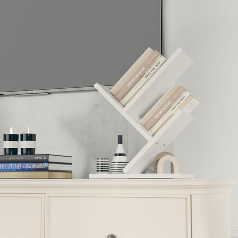YMYNY 2 Tier Tree Bookshelf, Small Bookcase, Modern Wood Book Storage Rack Organizer, Freestanding Book Shelf for Books/Movies/CDs