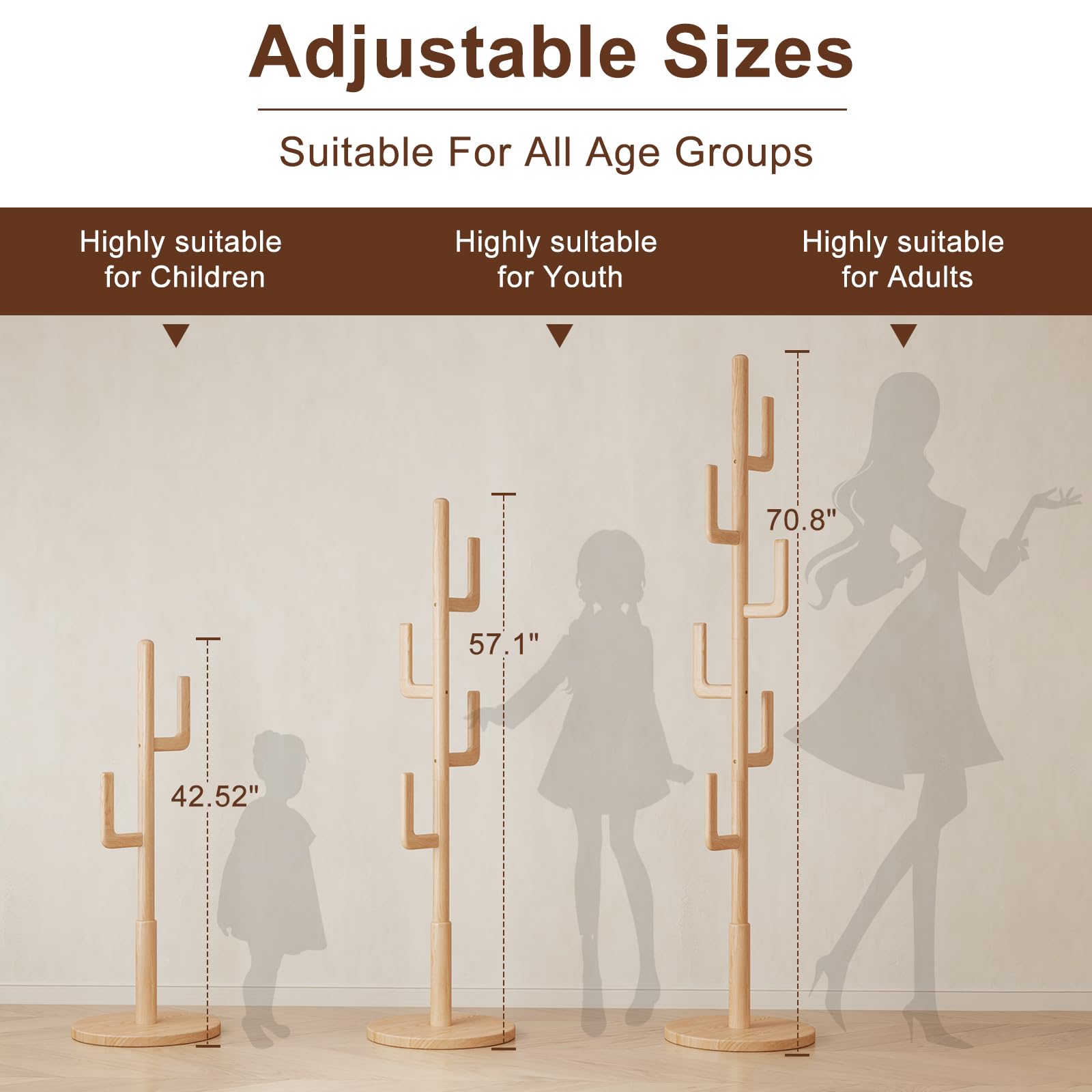 AQIMUELE Coat Stand, Woodem Coat Rack Stand - Cactus Design with 6 Hooks, Sturdy and Easy Assembly for Hallway Entryway, Hat Stand for Clothes