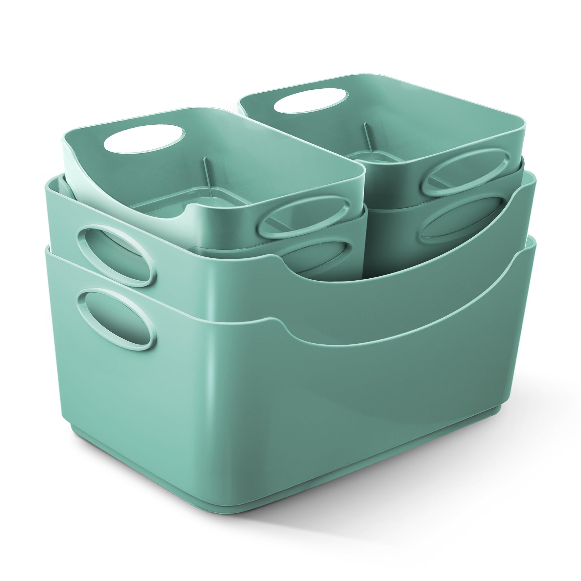 KEPLIN 6 Pack Plastic Storage Baskets with Handles, BPA-Free Dishwasher Safe Organiser Boxes for Kitchen, Bathroom, Pantry, Shelves & Drawers