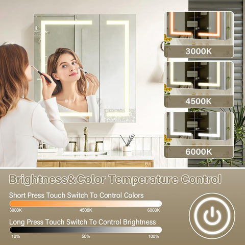 Janboe LED Mirror Cabinet,Bathroom Mirror Cabinet with Lights,61cm×71cm,Equip with Internal Light,Aluminum Construction,USB Shaver Socket,3