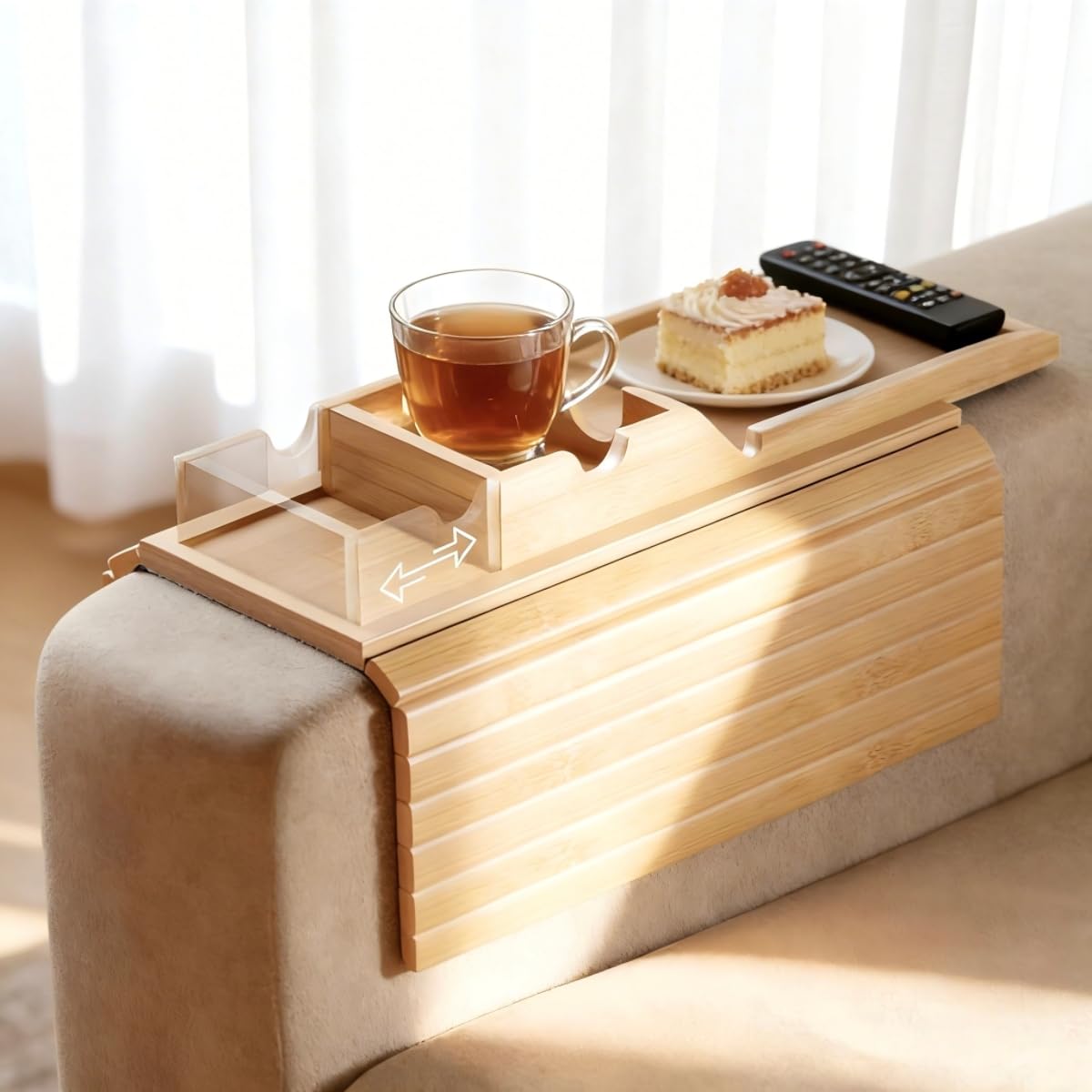 Ancaedhl Bamboo Sofa Arm Tray, 2-in-1 Foldable Armchair Tray with Built-in Cup Holder - Anti-Slip Couch Armrest Tray for Living Room